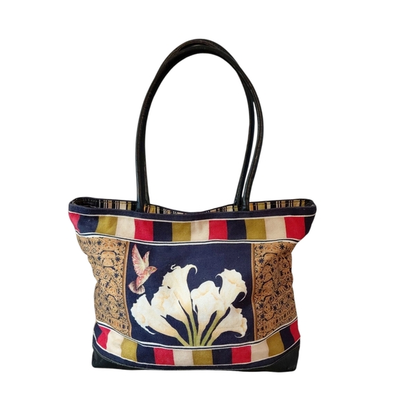 MOO ROO Charleston Black Floral Canvas Bag Tote - Picture 2 of 9